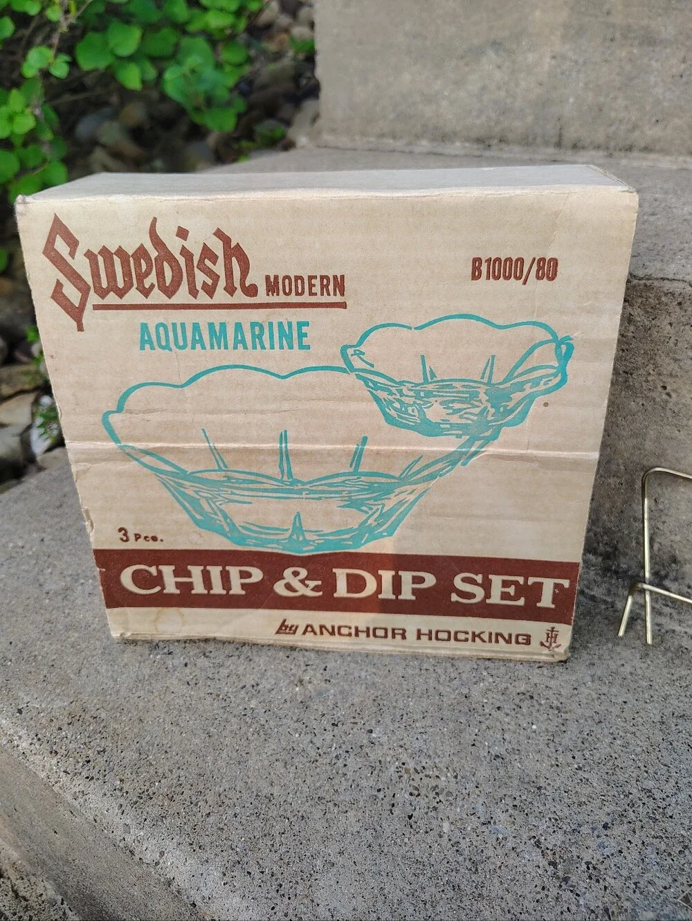 Vintage Anchor Hocking Swedish Modern Aquamarine Chip Dip Set B1000/80 MCM Box